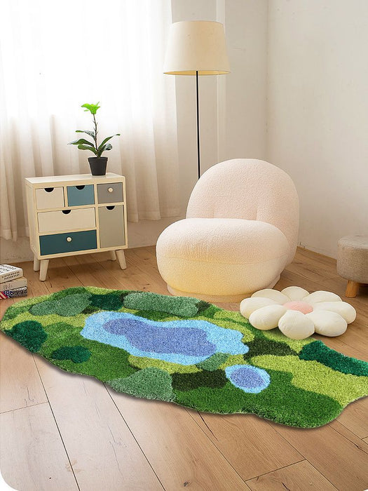 Green Moss Soft Fluffy Rug, Lake Bedroom Runner Mat