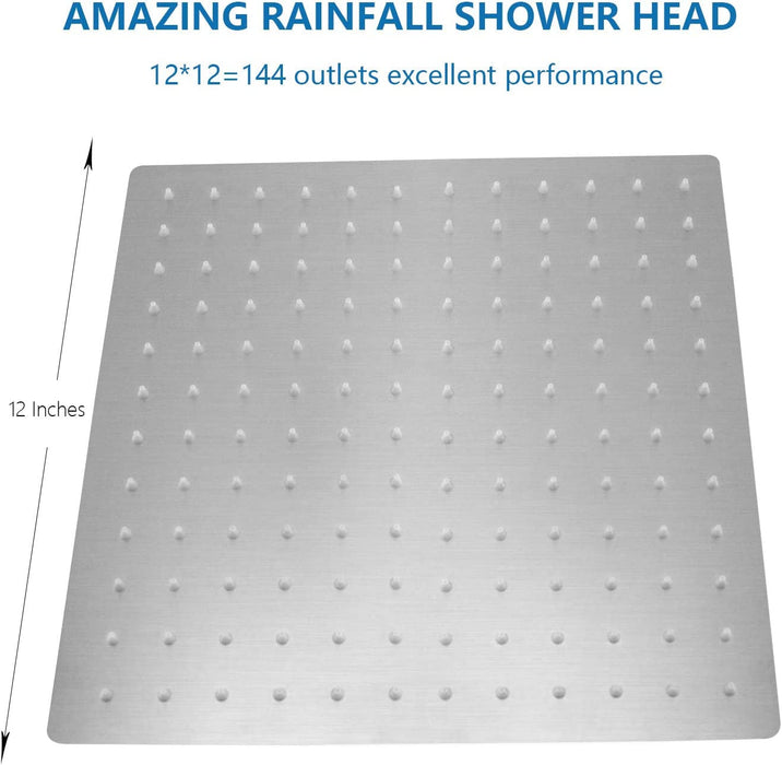 Rain Shower Head,  High Flow Stainless Steel Square Rainfall Showerhead, Waterfall Bath Shower Body Covering, Ceiling or Wall Mount (12 Inch, Brushed Nickel)