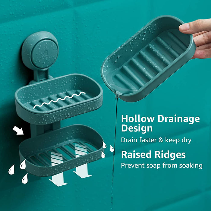 Soap Dish Soap Holder for Shower Double Layer Suction Cup Wall Mounted Drill-Free Self-Draining Removable Strong Suction Sponge Bar Soap Holder for Bathroom Bathtub Kitchen Sink Plastic Green