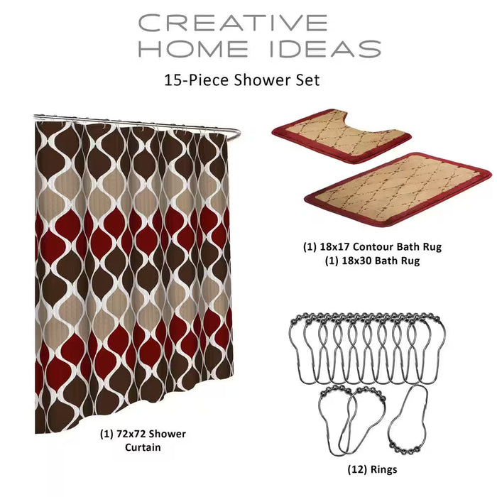 Clarisse Geometric 18 In. X 30 In. 15-Piece Bath Rug and Shower Curtain Set in Espresso
