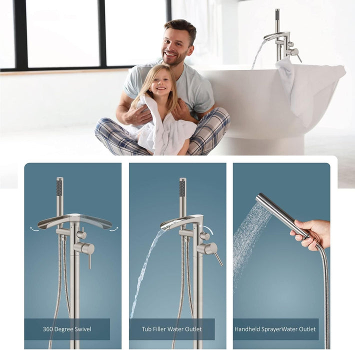 Freestanding Bathtub Faucet Floor Mount Tub Filler Standing High Flow Shower Faucets Shower Mixer Taps Swivel with Cylinder Handheld Brushed Nickel, Waterfall Spout