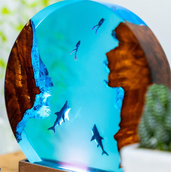 3D Shark Epoxy Round Decorative Resin Solid Wood Marine Small Night Lamp