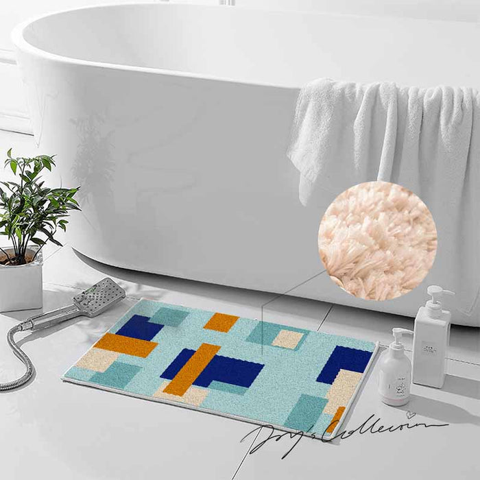 Feblilac Blue and Brown Squares Geometric Tufted Bath Mat