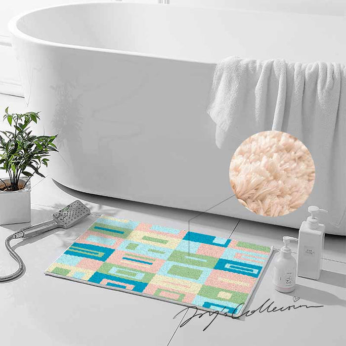 Feblilac Pink and Blue Square Geometric Tufted Bath Mat