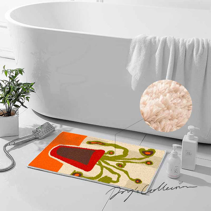 Feblilac Red Vase and Green Plant Tufted Bath Mat