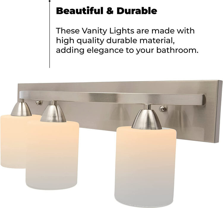'- Bathroom Vanity Light Bar - Brushed Nickel, 3 Lights, E26 100W LED - Interior Bathroom Lights over Mirror - Contemporary Modern Glass Shade (Bulbs Not Included)