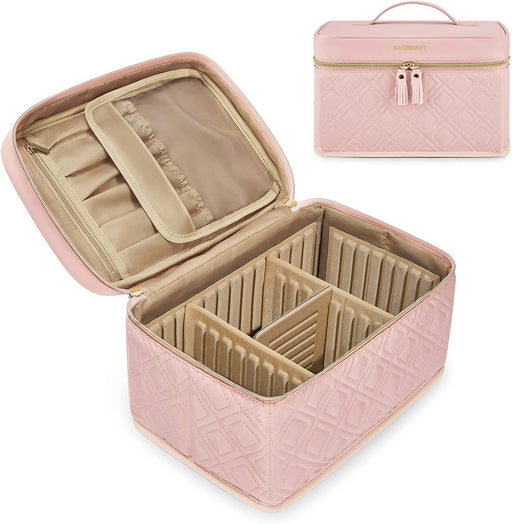 Large Makeup Bag, Travel Makeup Case Makeup Organizer Bag Train Case Cosmetic Bag for Makeup Brushes Palettes Sponge Toiletries,Pink