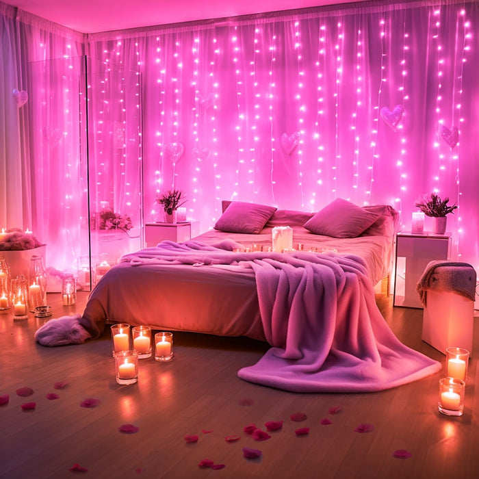 300 LED Remote Control Pink Curtain Lights, 8 Modes Pink Valentine Lights, Pink String Lights for Bedroom Window Wall Party Backdrop Valentine Decorations (9.8X9.8Ft)