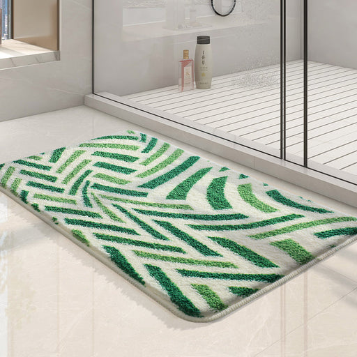 Feblilac Abstract Green Lines Bath Mat, Modern Leaves Art Rug for Bathroom