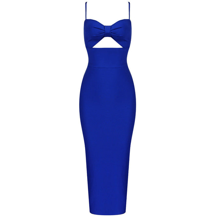 Fashion Waist Hollow Design New Sexy Solid Color V-Neck Halter Celebrity Party Club Bandage Long Dress