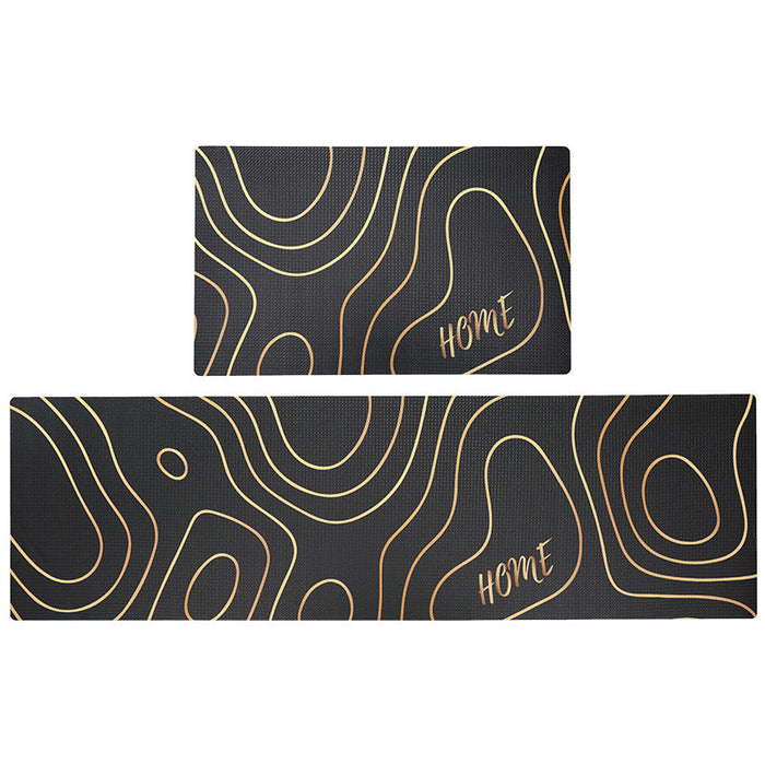 Feblilac Abstract Hills Black and Golden Line Pattern PVC Leather Kitchen Mat