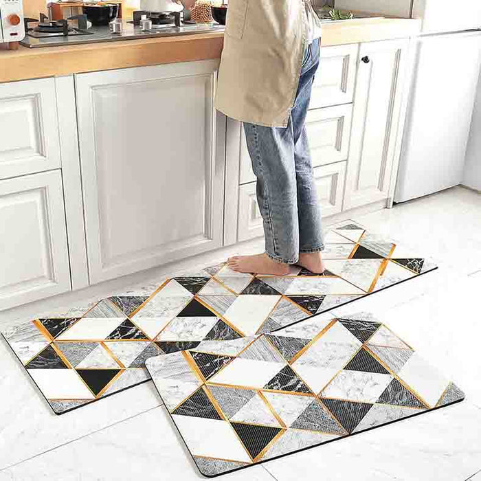 Feblilac Baroque Style Black Grey and White Geometric Pattern PVC Leather Kitchen Mat