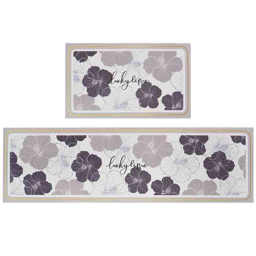 Black Grey and White Flower Kitchen Mat