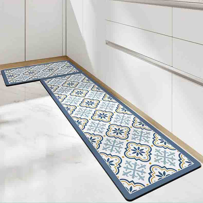 Feblilac Blue Flower Geometric Pattern PVC Leather Kitchen Mat Mom‘s Day Gift