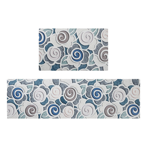 Feblilac Blue and Grey 3D Flower PVC Leather Kitchen Mat Mom‘s Day Gift