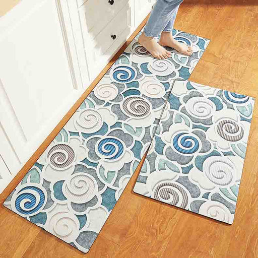 Feblilac Blue and Grey 3D Flower PVC Leather Kitchen Mat Mom‘s Day Gift