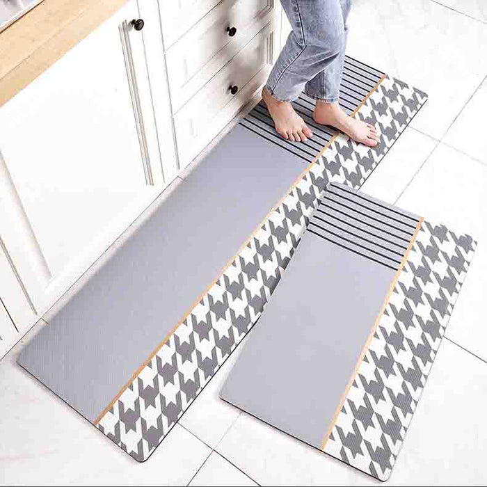 Feblilac Blue and Grey Plaid Bird Pattern PVC Leather Kitchen Mat