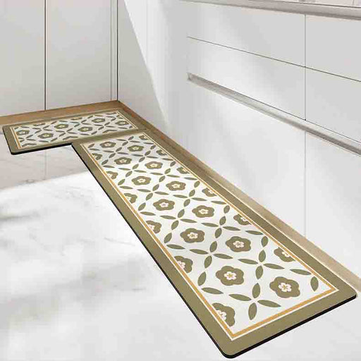 Feblilac Brown Flower Leaves Geometric Pattern PVC Leather Kitchen Mat