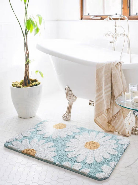 Feblilac Cute White Blue Daisy Flower Bath Mat, Multiple Colors Available