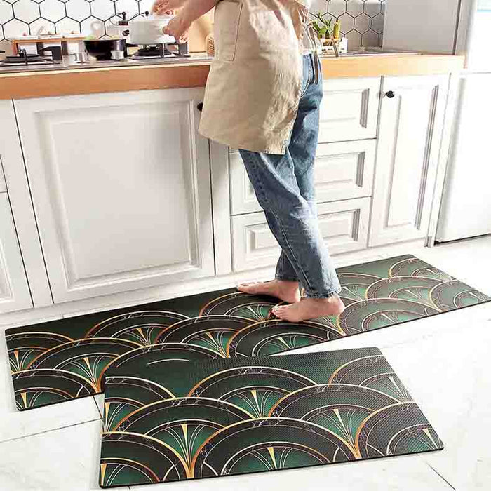 Feblilac Darker Green and Golden Fanshaped Pattern PVC Leather Kitchen Mat