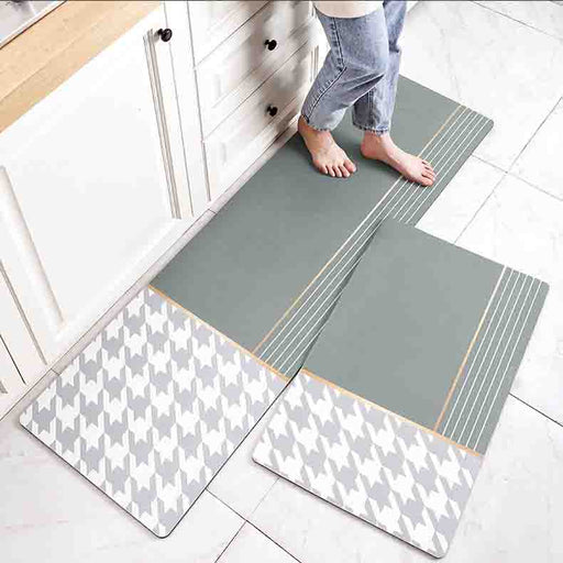 Feblilac Green and Grey Plaid Bird Pattern PVC Leather Kitchen Mat