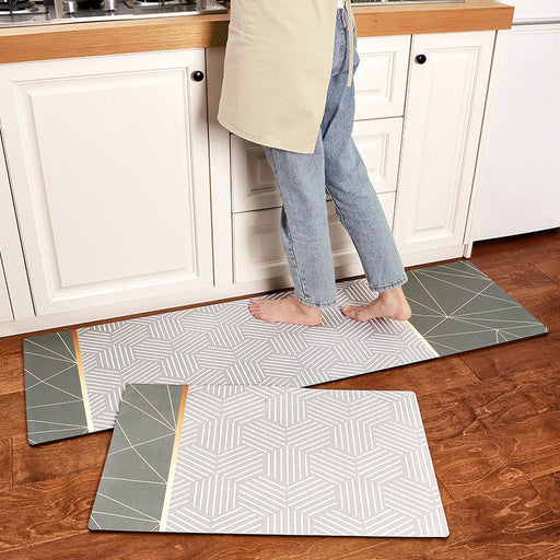 Feblilac Grey and Green Line Art PVC Leather Kitchen Mat