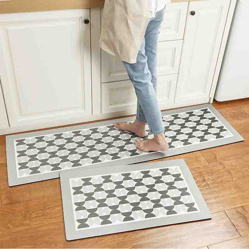 Feblilac Grey and White Geometric Pattern PVC Leather Kitchen Mat