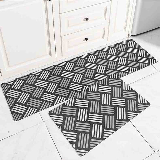 Feblilac Grey and White Lines Geometric Pattern PVC Leather Kitchen Mat