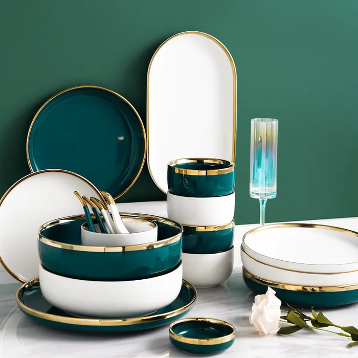  Supplier Dinnerware Full Dinner Sets 18 pcs White Green Royal Ceramic Dinner Set For Restaurant