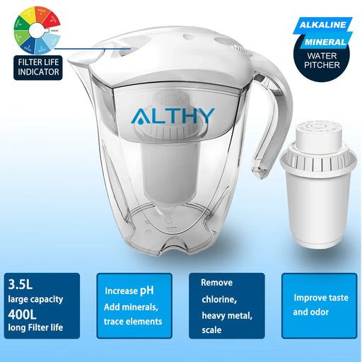 ALTHY 3.5L Mineral Alkaline Water Pitcher Filter - 400L Long-Life Filters - Alkalizer Purifier Filtration System +pH -ORP