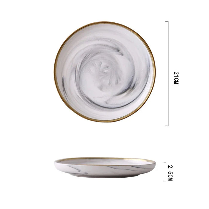 European Style Dinnerware Custom Logo Grey Salad Soup Bowl Porcelain Charger Plate Luxury Ceramic Dinner Set With Gold Rim