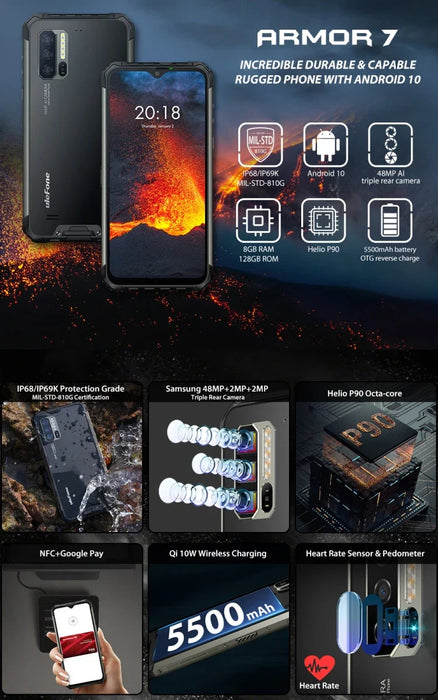 Global Ulefone Armor 7 Rugged Phone 8GB+128GB 6.3 inch Mobile Phones 4G Android 10 Smartphones Waterproof Cellphone