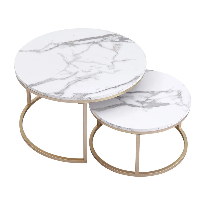 2Pcs Marble Texture Coffee Table for Living Room Sofa Side Round Coffee Tea Table 2 in 1 Combination Furniture Golden White