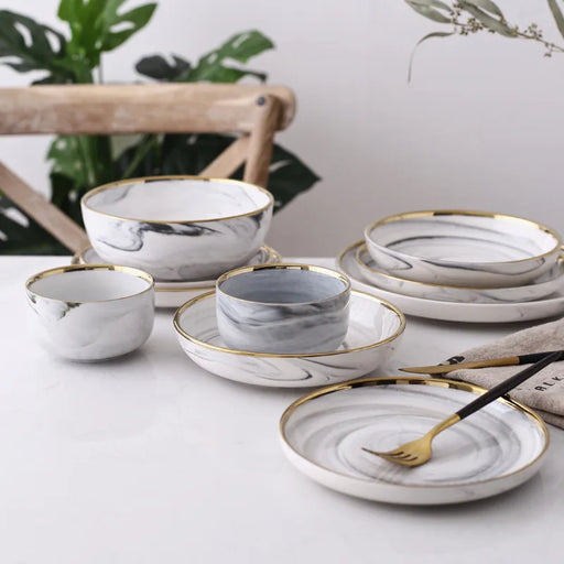 European Style Dinnerware Custom Logo Grey Salad Soup Bowl Porcelain Charger Plate Luxury Ceramic Dinner Set With Gold Rim