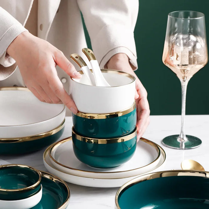  Supplier Dinnerware Full Dinner Sets 18 pcs White Green Royal Ceramic Dinner Set For Restaurant