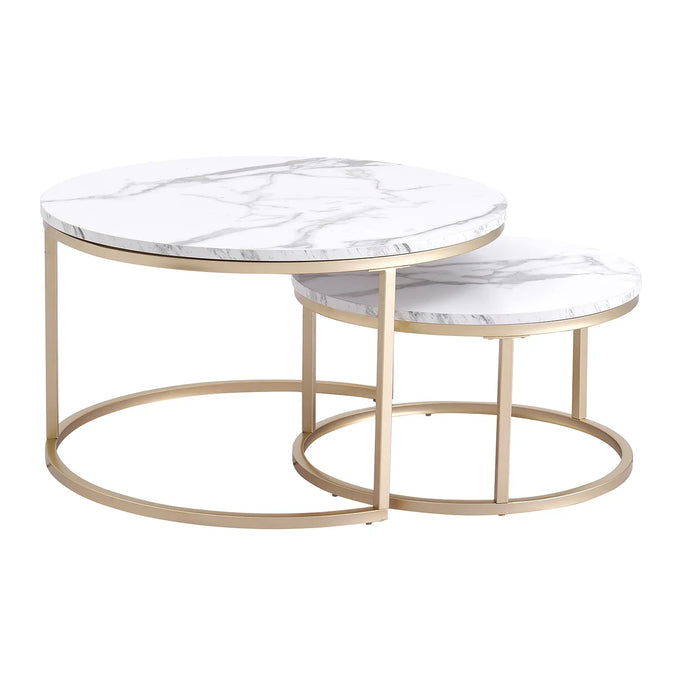 2Pcs Marble Texture Coffee Table for Living Room Sofa Side Round Coffee Tea Table 2 in 1 Combination Furniture Golden White