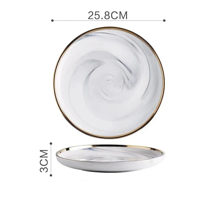 European Style Dinnerware Custom Logo Grey Salad Soup Bowl Porcelain Charger Plate Luxury Ceramic Dinner Set With Gold Rim