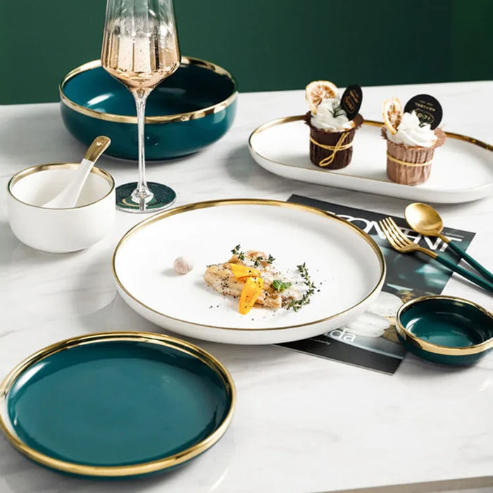  Supplier Dinnerware Full Dinner Sets 18 pcs White Green Royal Ceramic Dinner Set For Restaurant