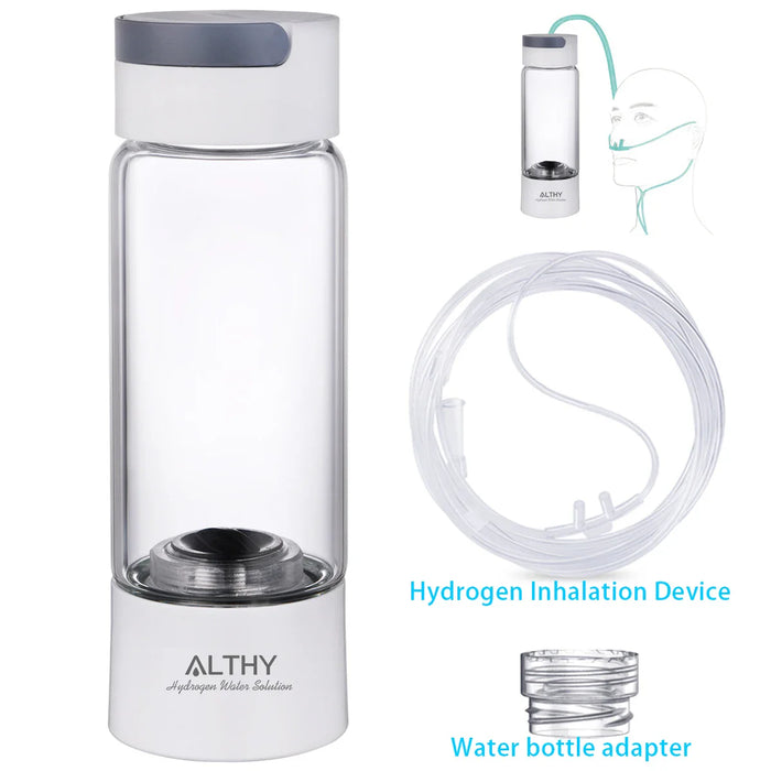 ALTHY Hydrogen Rich Water Generator Bottle - Glass Cupbody - DuPont SPE & PEM Dual Chamber Maker Ionizer - H2 Inhalation Device