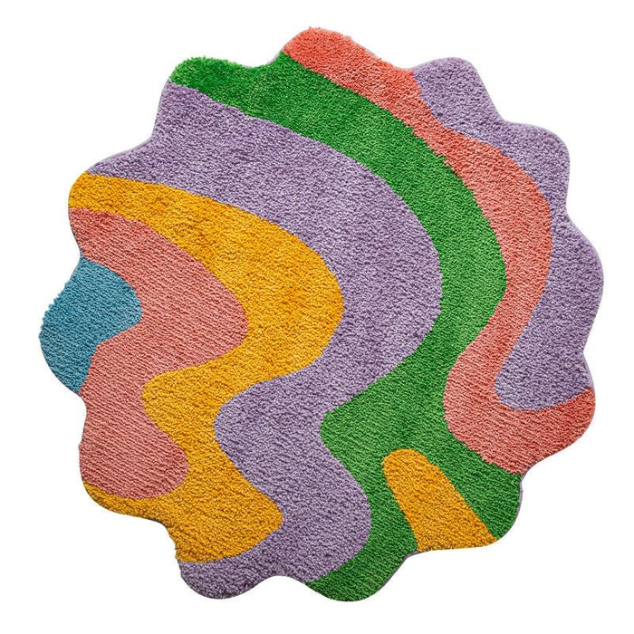 Feblilac Abstract Round Area Rug, Colorful Curve Art Mat for Bathroom Living Room