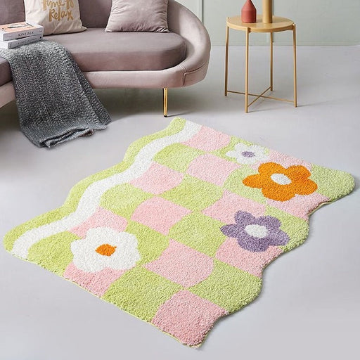 Feblilac Colorful Checkerboard Flower Mat for Living Room Bedroom Bathroom, Area Rug for Home