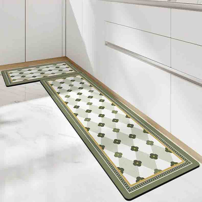 Feblilac Jasper Darker Green Flower Geometric Pattern PVC Leather Kitchen Mat