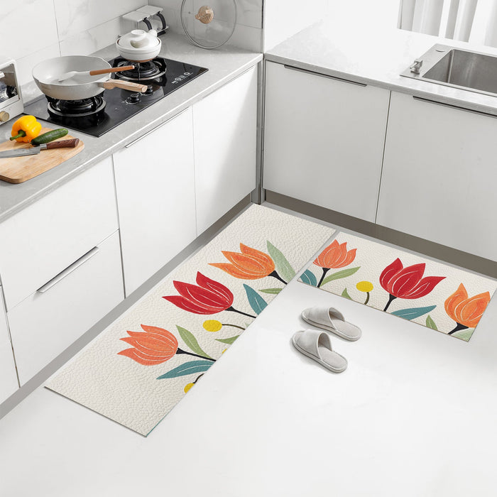 Feblilac Tulips Off-white Background PVC Leather Kitchen Mat