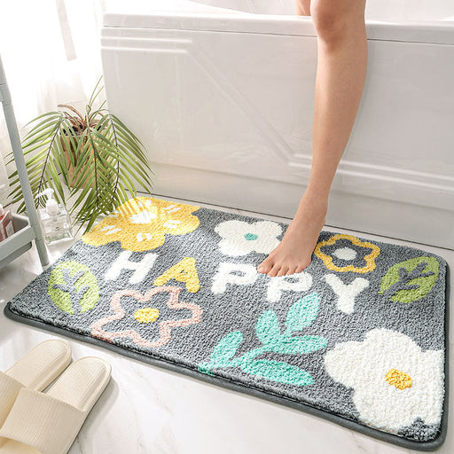 Feblilac Lovely Happy Flowers and Leaves Grey and White Ground Bath Mat