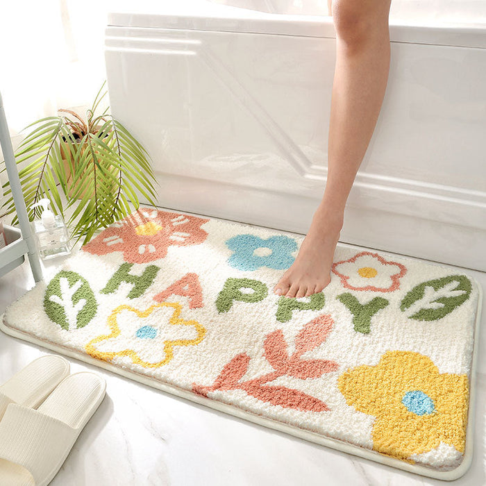 Feblilac Lovely Happy Flowers and Leaves Grey and White Ground Bath Mat