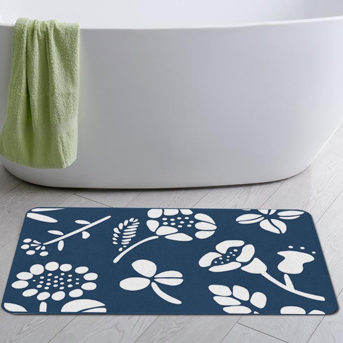 Feblilac White Flowers with Blue Ground Bath Mat