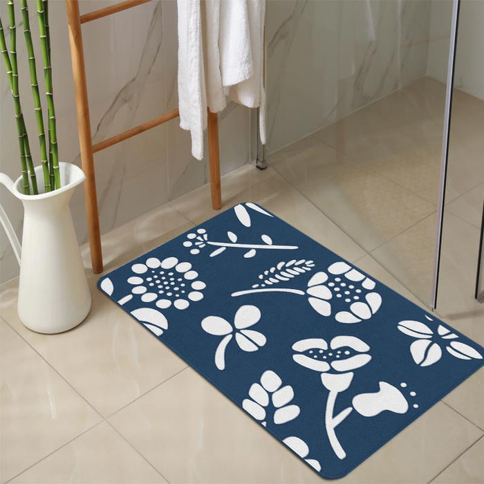 Feblilac White Flowers with Blue Ground Bath Mat