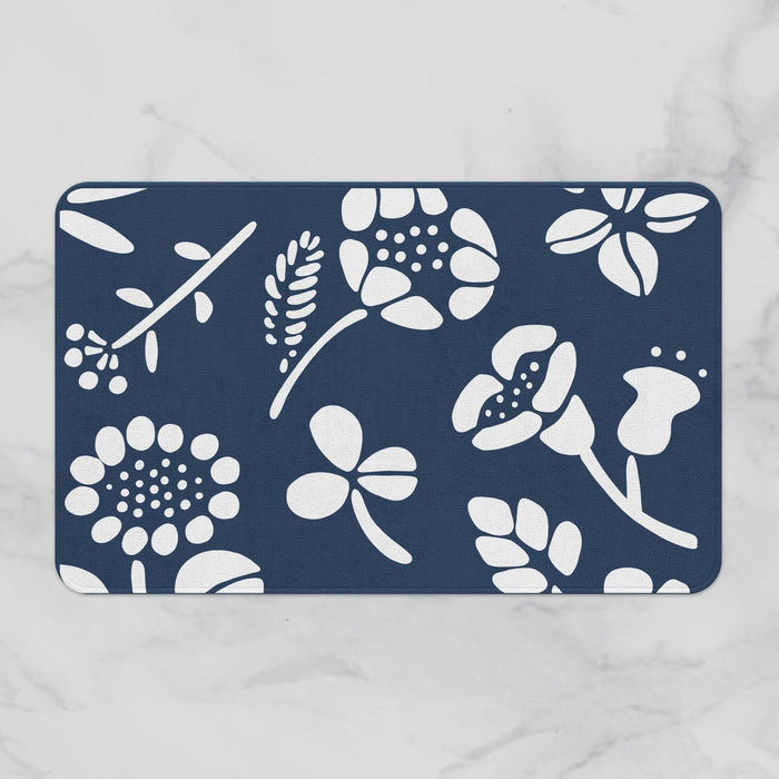 Feblilac White Flowers with Blue Ground Bath Mat