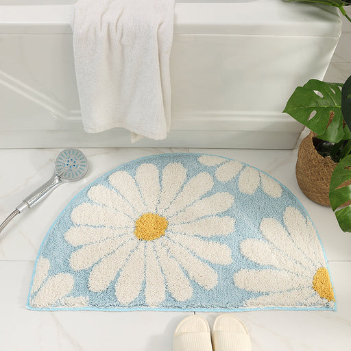 Feblilac Semicircle Grey Daisy Bath Mat, Blue Floral Daisy Bathroom Rug