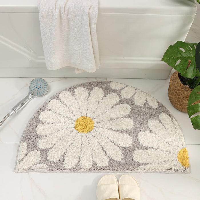 Feblilac Semicircle Grey Daisy Bath Mat, Blue Floral Daisy Bathroom Rug